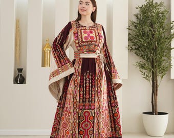 Palestinian Thobe Tatreez Dress Luxury Fellahi Burgundy and Golden Sailor