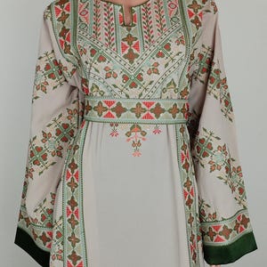 Palestinian Thobe Tatreez Dress Cappuccino and Green Embroidery connect