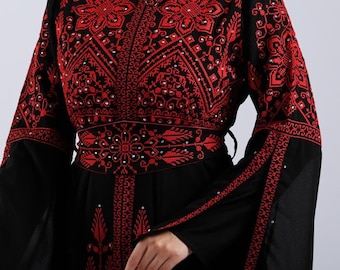 Robe longue brodée Thobe palestinienne noire et rouge Sunbola