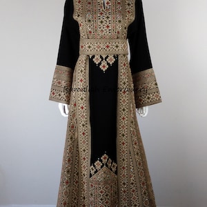 Palestinian Embroidery Thobe Thob Maxi Dress Tatreez Amira Gold and Black