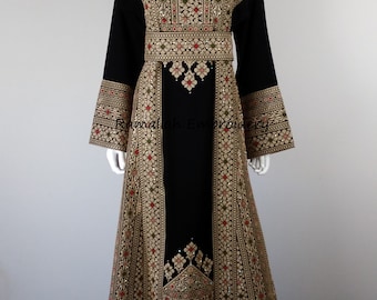Palestinian Embroidery Thobe Thob Maxi Dress Tatreez Amira Gold and Black