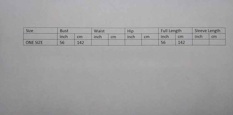 May include: A table of garment measurements is displayed on a white background. The measurements are in inches and centimeters. The bust and full length are 56 inches (142 cm). The garment is one size.