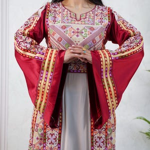 Palestinian Thobe Tatreez Dress Luxury Fellahi Cappuccino and Burgundy.