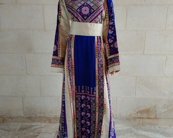 Palestinian Thobe Tatreez  Blue and Golden Fellahi with Golden Satan Belt Included.
