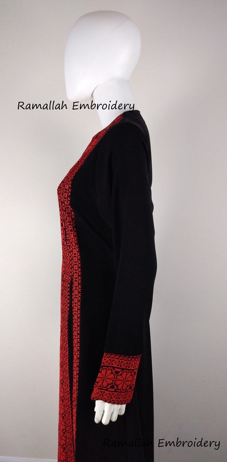 Palestinian Kaftan Thobe Thob Embroidery Black with Red Tatreez Stripes image 4