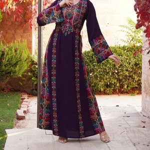 Palestinian Thobe Maxi Dress Tatreez Embroidery Six Strips Purple