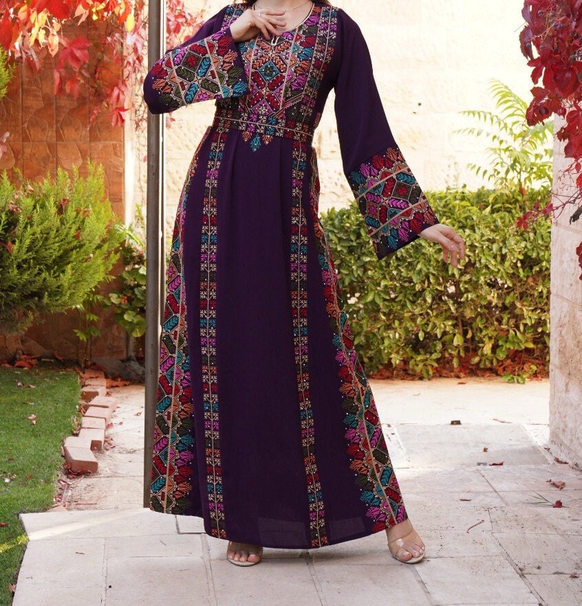 Palestinian Thobe Maxi Dress Tatreez Embroidery Six Strips Purple