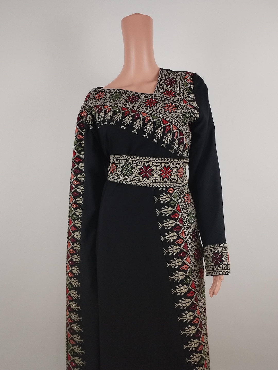 Black Crepe Georgette Abaya – Palestinian Tatreez & Colorful Tassels main image 1