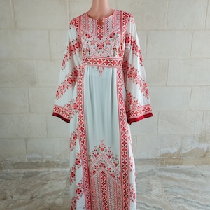 Palestinian Thobe Tatreez Dress White and Red Embroidery connect