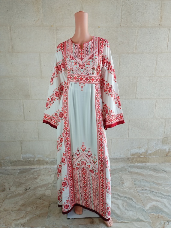 Palestinian Thobe Tatreez Dress White and Red Embroidery connect Palestinian Thobe Tatreez Dress White and Red Embroidery connect