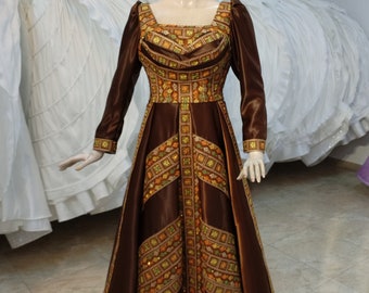 Palestinian Bridal Tatreez Embroidery Wedding Brown Satan Dress.