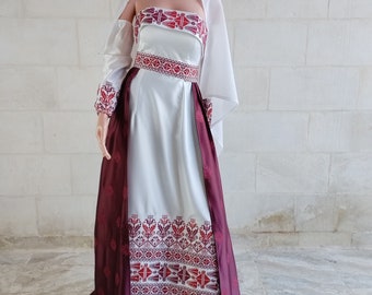 Palestinian Thobe Bridal Tatreez Embroidery Wedding Red and White Satan Dress.