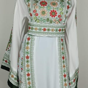 Palestinian Thobe Tatreez Dress Luxury Fellahi White and Green Agabani.