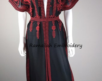 Palestinian Bisht Abaya  Tatreez Embroidery One Size Red and Black Sunbulah