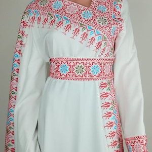 Palestinian Thobe Dress Tatreez White and Red embroidery with attached ruffle