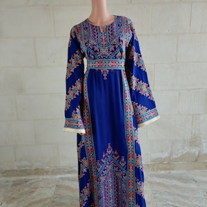 Palestinian Thobe Tatreez Dress Blue and Red Embroidery connect