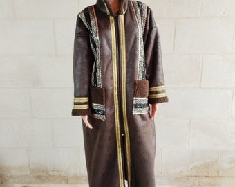 Women Farwa Coat Abaya  Fur warm winter Brown Tatreez One Size