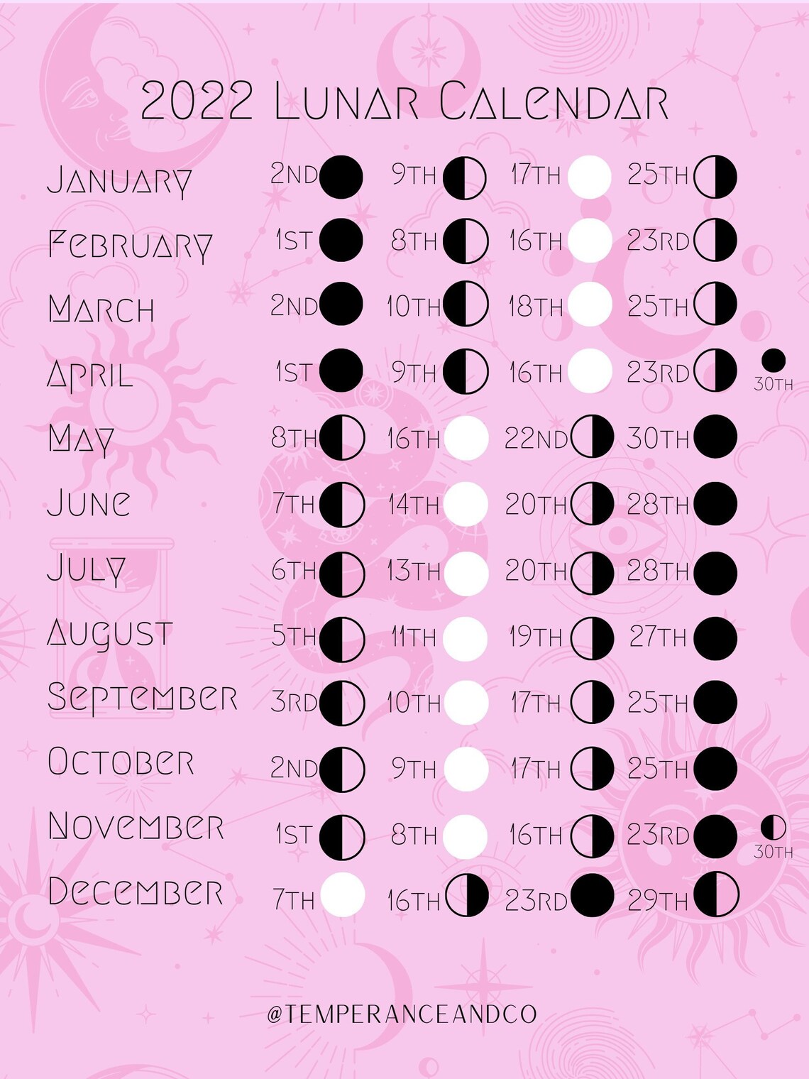2022 Lunar Calendar 2022 Moon Calendar Instant PDF Download Etsy
