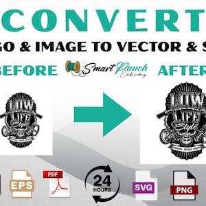 Könnte beinhalten: Ein Bild, das die Konvertierung eines Logos und Bildes in Vektor- und SVG-Formate zeigt. Der Text in Teal lautet "CONVERT LOGO & IMAGE TO VECTOR & SVG". Das Bild zeigt ein Vorher-Nachher-Beispiel eines "Low Life Style"-Logos.