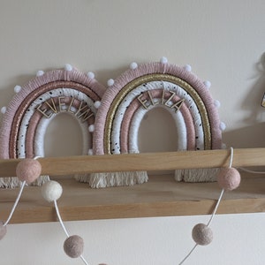 Blush pink personalised macrame rainbow with pompoms, scandi nursery decor, new baby gift, children's bedroom decoration