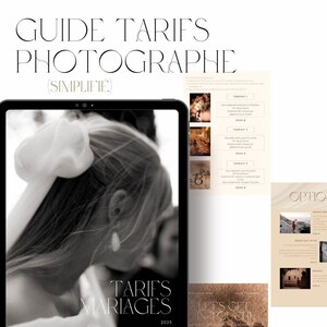 Peut inclure: Une tablette numérique affichant un guide de prix de photographie de mariage avec le texte "Guide Tarifs Photographie (Simplifie)" et "Tarifs Mariages 2025 Julie Fourmon". La tablette est sur une surface blanche avec un logo de modèle Canva.