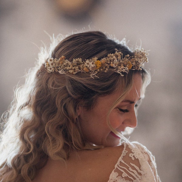 Couronne fleurs séchées jaunes, gypsophile