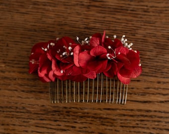 Peignes fleurs séchées hortensia rouges