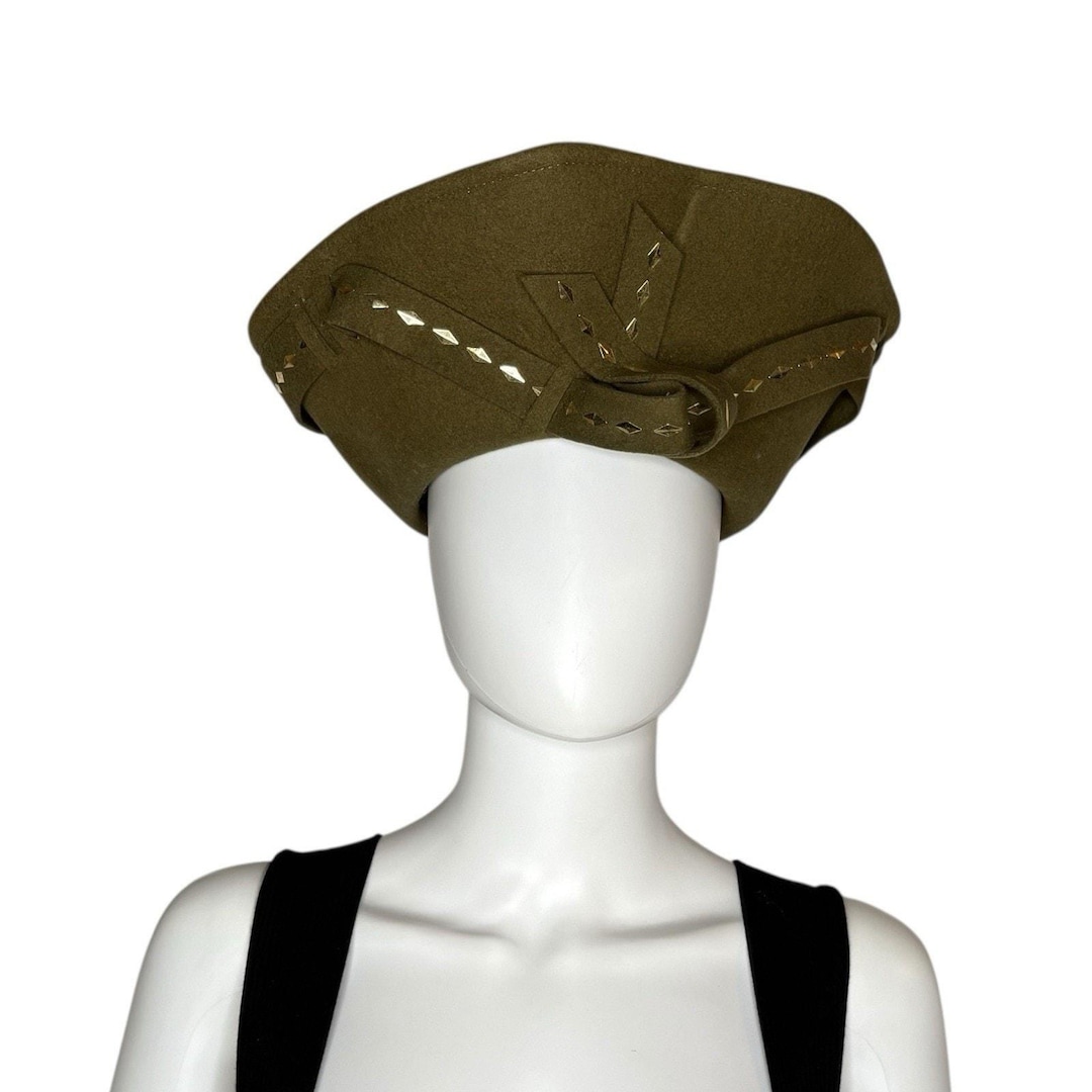 Vintage Mr. John Olive Wool Felt Studded Hat Avant Garde Art-to-Wear Sz S 7-3/8 Vintage Mr. John Olive Wool Felt Studded Hat Avant Garde Art  main image 2