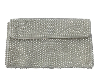 Carteira vintage Emson com contas brancas / mini clutch fabricada no Japão