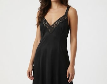 Vintage Vanity Fair Damen Schwarz Chemise Lace Front Slip Made in USA L