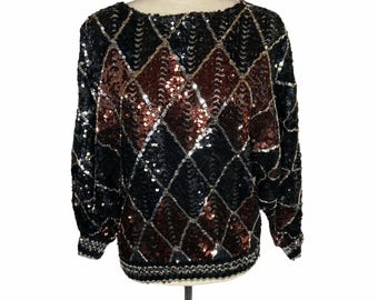 Vintage Rob Hill For Mister Jay 80s Black Sequin Dolman Sleeve Top Sz M