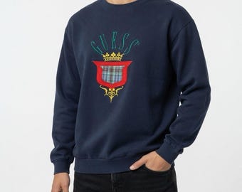 Vintage 80s Guess Navy Blue Embroidered Logo Crest Sweatshirt OS Fits Like L/XL