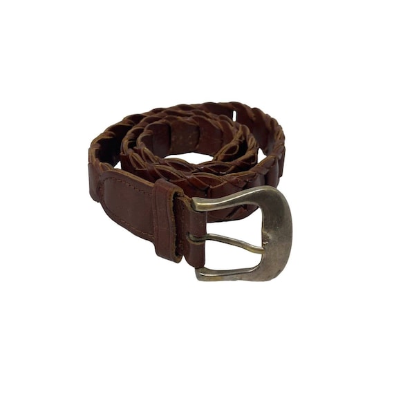 Vintage Brown Leather Plaited Woven Belt w/ Solid 