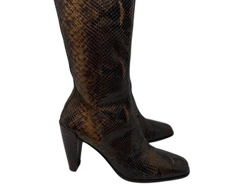 Donald J. Pliner Y2K Brown Snakeskin Leather Heeled Boots US 8.5 Made In Spain