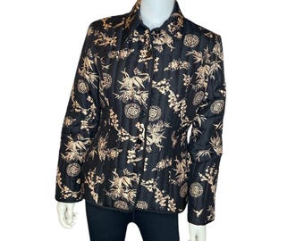 Vintage Carole Little Black Silk Asian Floral Leve Puffer Jacket tamanho S