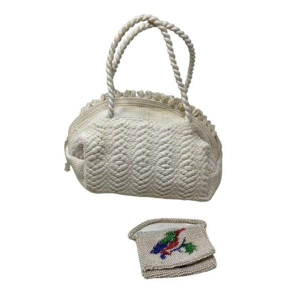 Vintage 50s Macramé Boho Mini Satchel + Beaded Hummingbird Coin Purse