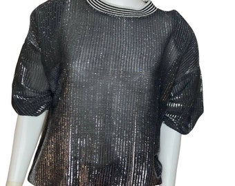 Top Vintage 80s Destaque Califórnia Prata Metálico Listrado Semi Transparente tamanho L