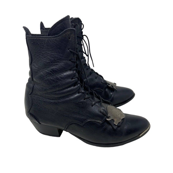Vintage Antique Black Leather Women's Packer Lace Up Boots EU 34 US 4