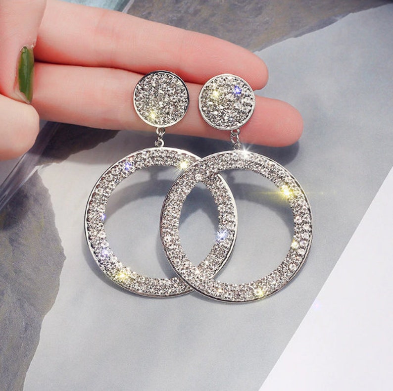 Real Pure 925 Sterling Silver Needle Long Dangle Earrings for Women Jewelry Round Rhinestone Female Drop Earrings Bijoux