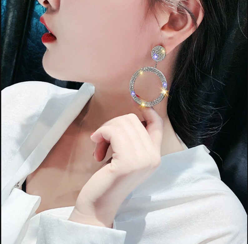 Real Pure 925 Sterling Silver Needle Long Dangle Earrings for Women Jewelry Round Rhinestone Female Drop Earrings Bijoux