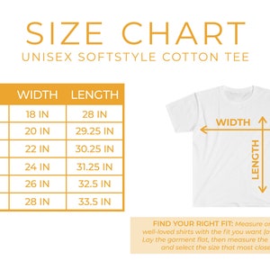 Puede incluir: Tabla de tallas para una camiseta de algod&oacute;n suave unisex. La tabla muestra el ancho y la longitud en pulgadas para las tallas S, M, L, XL, 2XL y 3XL. Una ilustraci&oacute;n muestra c&oacute;mo medir el ancho y la longitud de una camiseta.