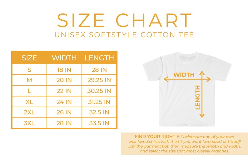 Puede incluir: Tabla de tallas para una camiseta de algod&oacute;n suave unisex. La tabla muestra el ancho y la longitud en pulgadas para las tallas S, M, L, XL, 2XL y 3XL. Una ilustraci&oacute;n muestra c&oacute;mo medir el ancho y la longitud de una camiseta.