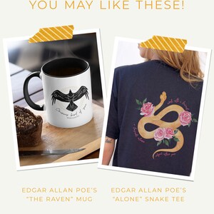 Puede incluir: Dos productos con tem&aacute;tica de Edgar Allan Poe: una taza blanca con una ilustraci&oacute;n de cuervo negro y el texto "Once upon a midnight dreary" y una camiseta negra con una ilustraci&oacute;n de serpiente y rosas y el texto "All I loved, I loved alone".