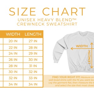 K&ouml;nnte beinhalten: Gr&ouml;&szlig;entabelle f&uuml;r ein Unisex-Sweatshirt mit Rundhalsausschnitt aus schwerem Mischgewebe. Die Tabelle zeigt die Breite und L&auml;nge in Zoll f&uuml;r die Gr&ouml;&szlig;en S bis 5XL.