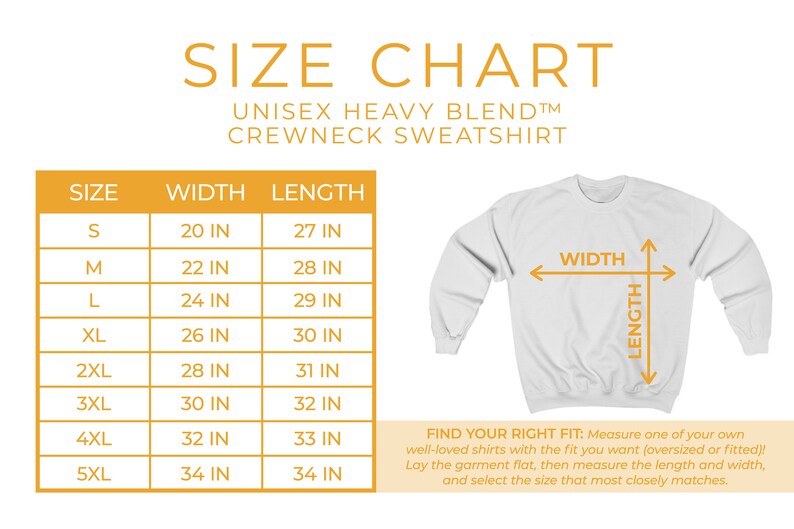 K&ouml;nnte beinhalten: Gr&ouml;&szlig;entabelle f&uuml;r ein Unisex-Sweatshirt mit Rundhalsausschnitt aus schwerem Mischgewebe. Die Tabelle zeigt die Breite und L&auml;nge in Zoll f&uuml;r die Gr&ouml;&szlig;en S bis 5XL.