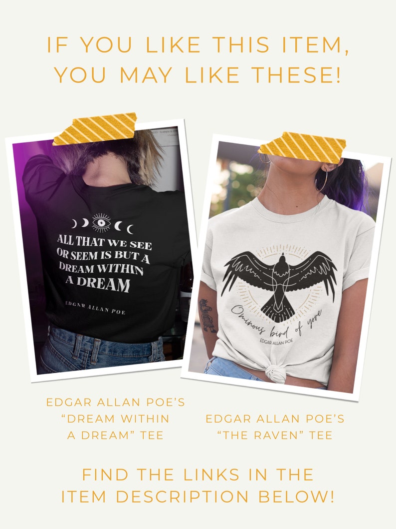 K&ouml;nnte beinhalten: Zwei T-Shirts mit Designs, die von den Werken von Edgar Allan Poe inspiriert sind. Das erste Shirt ist schwarz mit wei&szlig;em Text, der lautet "All that we see or seem is but a dream within a dream" und das zweite Shirt ist wei&szlig; mit einem schwarzen Rabendesign und dem Text "Ominous bird of yore".