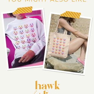 May include: Two photos showing a white sweatshirt and a tote bag with a rainbow clown face pattern. The text "You Might Also Like" is at the top of the image. The text "hawk + lion STUDIO" is at the bottom of the image.