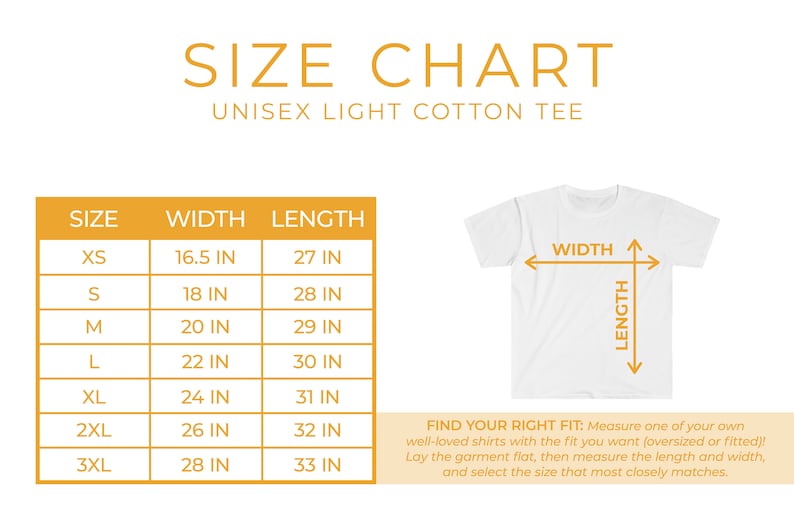K&ouml;nnte beinhalten: Gr&ouml;&szlig;entabelle f&uuml;r ein Unisex-T-Shirt aus leichtem Baumwollstoff. Die Tabelle zeigt die Breite und L&auml;nge in Zoll f&uuml;r die Gr&ouml;&szlig;en XS bis 3XL. Ein wei&szlig;es T-Shirt ist mit den Ma&szlig;en f&uuml;r Breite und L&auml;nge gekennzeichnet.