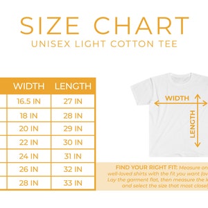 K&ouml;nnte beinhalten: Gr&ouml;&szlig;entabelle f&uuml;r ein Unisex-T-Shirt aus leichtem Baumwollstoff. Die Tabelle zeigt die Breite und L&auml;nge in Zoll f&uuml;r die Gr&ouml;&szlig;en XS bis 3XL.