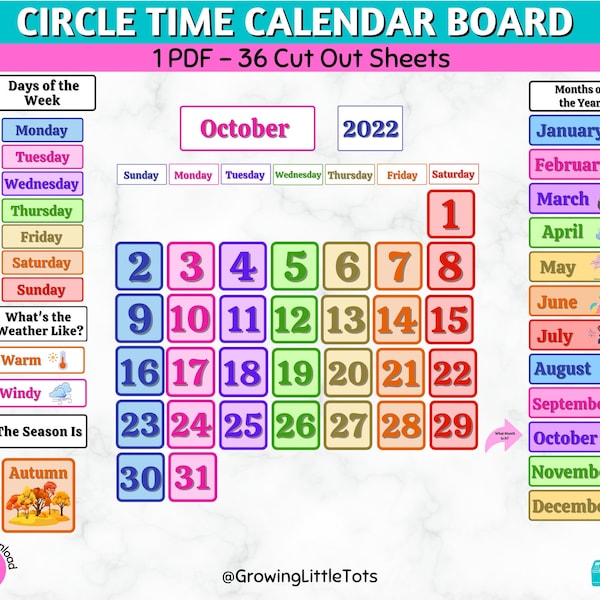 Circle Time Calendar Board Printable, Months of the Year, Days of the Week, Seasons, Weather, Morning Board, Class Focus Board, Homeschool